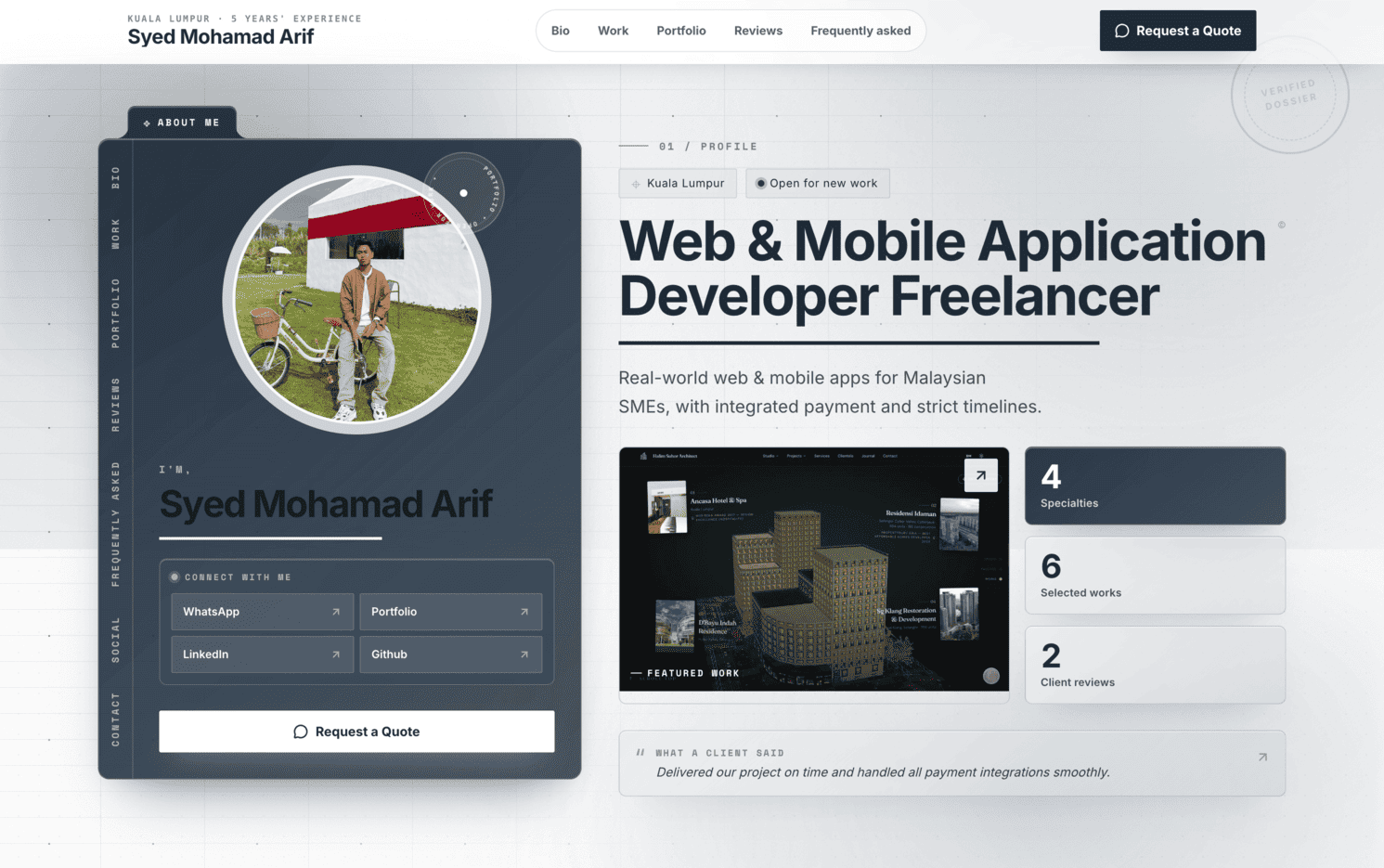 Example professional site built with LokalGig — a freelancer portfolio with bio, featured work, and a Request a Quote button.